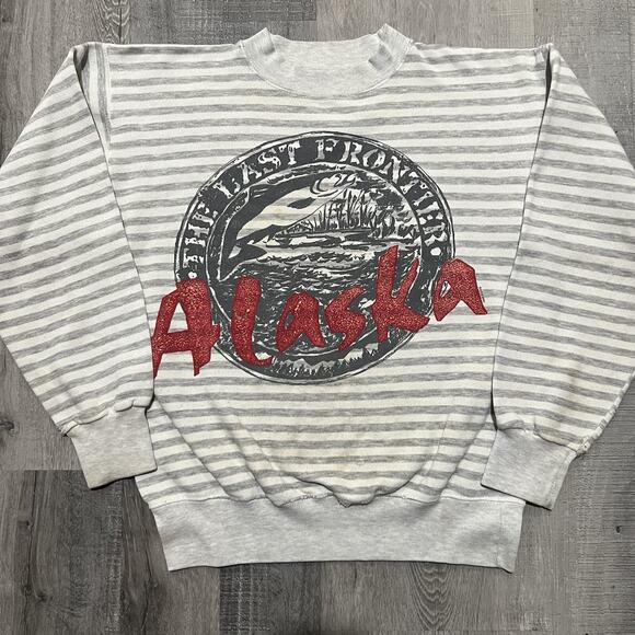 VTG Alaska The Final Frontier White/Grey Striped USA Juneau Travel Sweatshirt - Picture 1 of 6